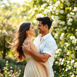 A man gently embracing a woman in a warm, intimate moment, both smiling at each other while standing in a sunlit park filled with blooming flowers