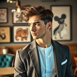 A fashionable gentleman with medium-length hair, styled neatly and showcasing a contemporary look