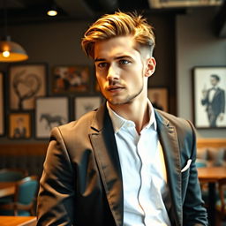 A fashionable gentleman with medium-length hair, styled neatly and showcasing a contemporary look