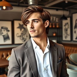 A fashionable gentleman with medium-length hair, styled neatly and showcasing a contemporary look