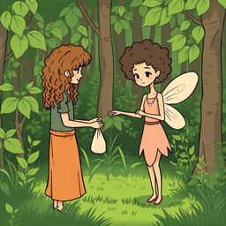 A minimalist comic style illustration of a lush green forest, featuring the same fairy who was crafting a delicate necklace now handing a small cloth bag to a curly-haired human with brown hair