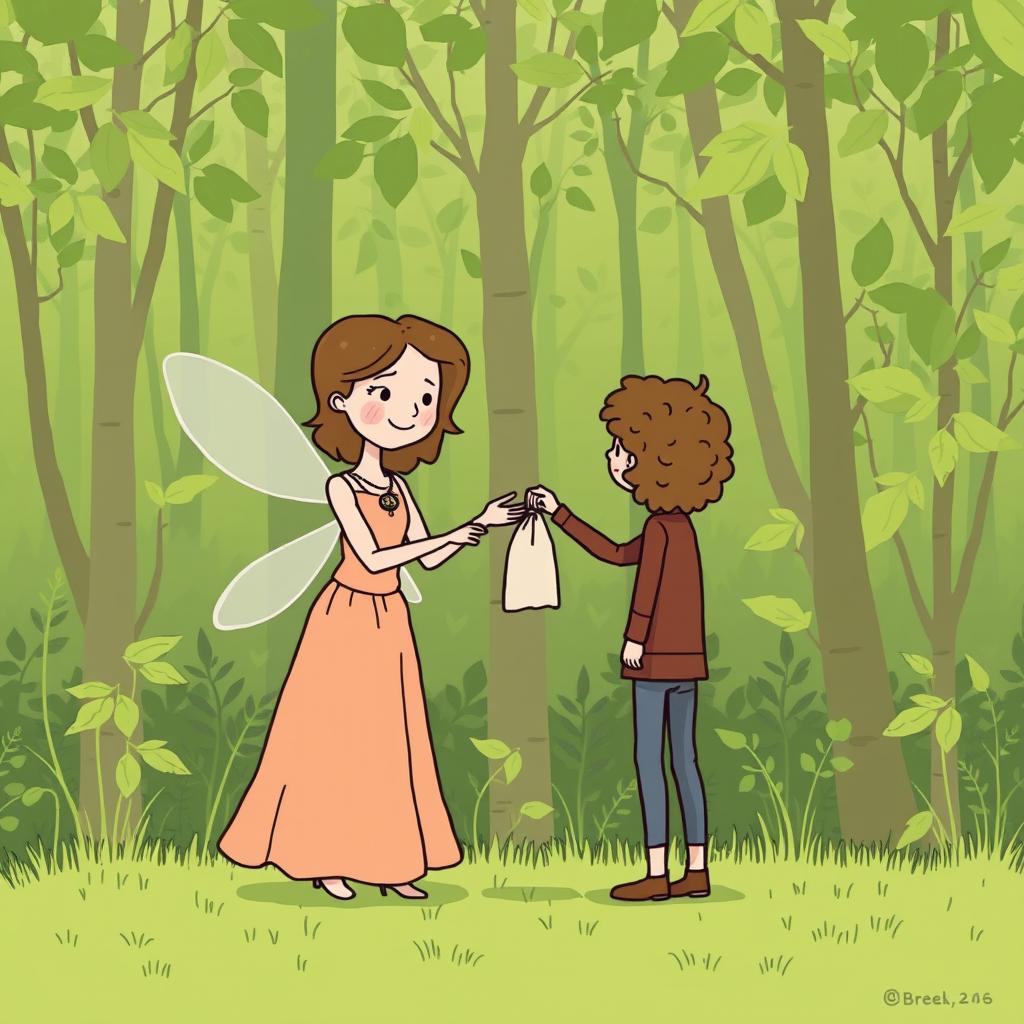 A minimalist comic style illustration of a lush green forest, featuring the same fairy who was crafting a delicate necklace now handing a small cloth bag to a curly-haired human with brown hair
