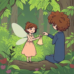 A minimalist comic style illustration of a lush green forest, featuring the same fairy who was crafting a delicate necklace now handing a small cloth bag to a curly-haired human with brown hair