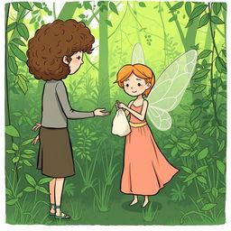 A minimalist comic style illustration of a lush green forest, featuring the same fairy who was crafting a delicate necklace now handing a small cloth bag to a curly-haired human with brown hair