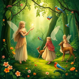 A lush green forest illustrated in a fantasy art style, featuring several fairies engaged in their daily activities