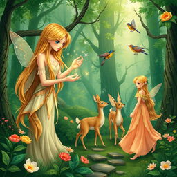 A lush green forest illustrated in a fantasy art style, featuring several fairies engaged in their daily activities