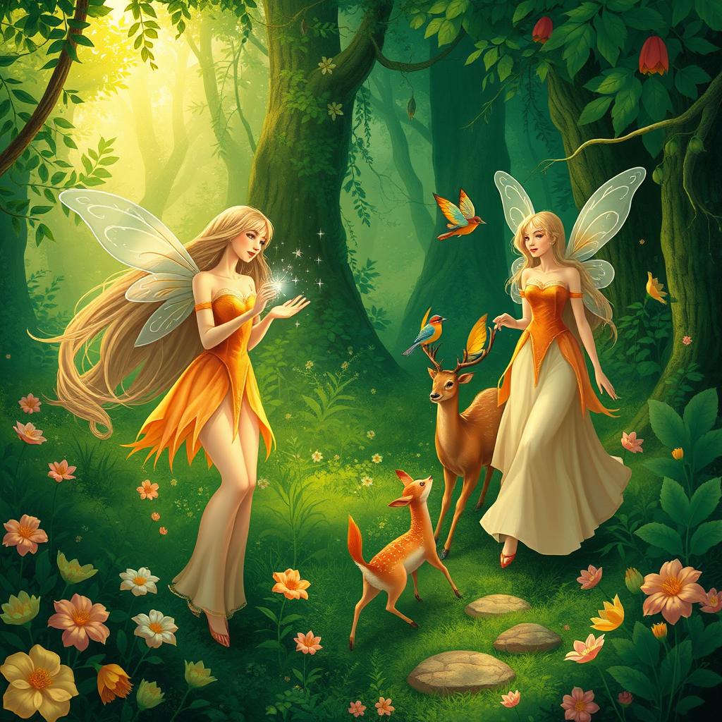 A lush green forest illustrated in a fantasy art style, featuring several fairies engaged in their daily activities