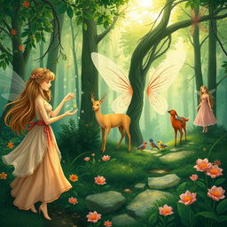 A lush green forest illustrated in a fantasy art style, featuring several fairies engaged in their daily activities