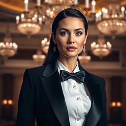A sophisticated woman in a formal attire, wearing a tailored black tuxedo jacket over a crisp white dress shirt with a black bow tie