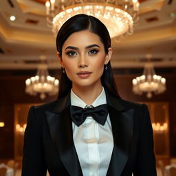 A sophisticated woman in a formal attire, wearing a tailored black tuxedo jacket over a crisp white dress shirt with a black bow tie