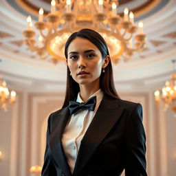 A sophisticated woman in a formal attire, wearing a tailored black tuxedo jacket over a crisp white dress shirt with a black bow tie