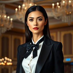 A sophisticated woman in a formal attire, wearing a tailored black tuxedo jacket over a crisp white dress shirt with a black bow tie