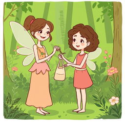 A simple and minimalist comic style illustration of a lush green forest, featuring the same fairy who was crafting a delicate necklace