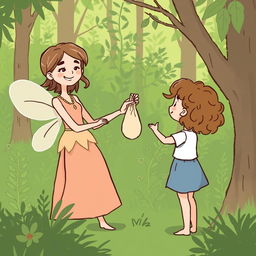 A simple and minimalist comic style illustration of a lush green forest, featuring the same fairy who was crafting a delicate necklace