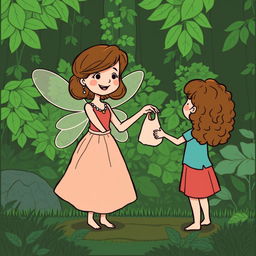 A simple and minimalist comic style illustration of a lush green forest, featuring the same fairy who was crafting a delicate necklace