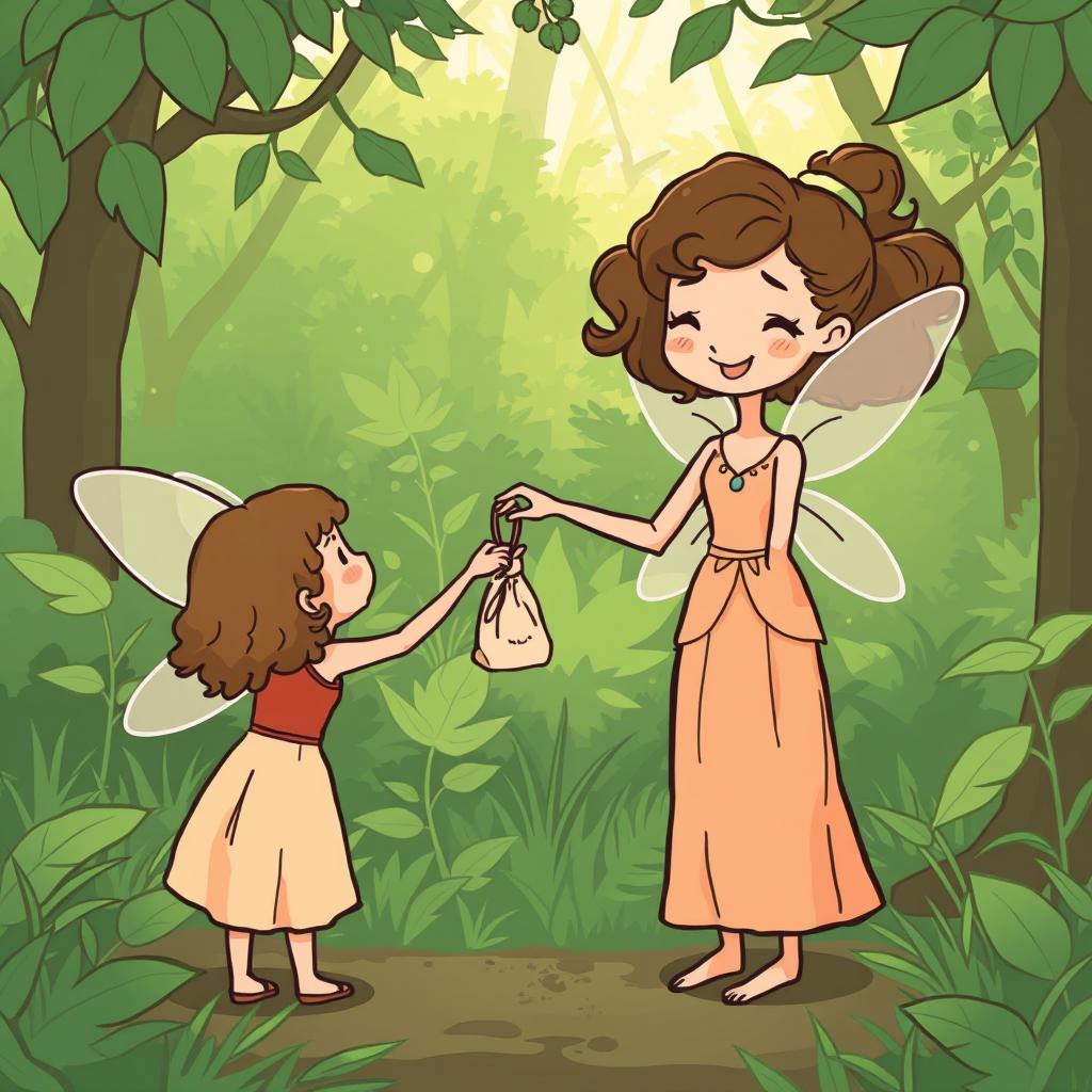 A simple and minimalist comic style illustration of a lush green forest, featuring the same fairy who was crafting a delicate necklace