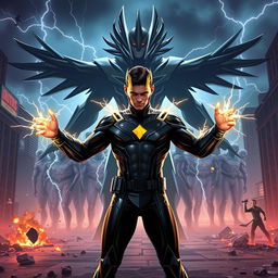 In a thrilling scene set in 2025, Sparksman, a young hero with a difficult past, is preparing for an epic battle against Badman, a formidable supervillain intent on conquering the world with an army of clones
