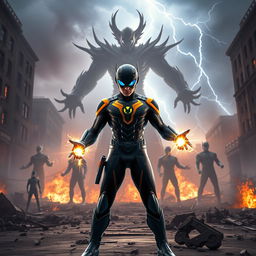 In a thrilling scene set in 2025, Sparksman, a young hero with a difficult past, is preparing for an epic battle against Badman, a formidable supervillain intent on conquering the world with an army of clones