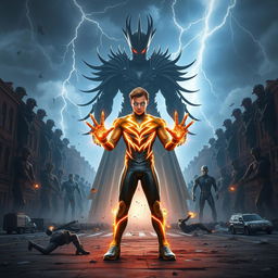 In a thrilling scene set in 2025, Sparksman, a young hero with a difficult past, is preparing for an epic battle against Badman, a formidable supervillain intent on conquering the world with an army of clones