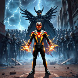 In a thrilling scene set in 2025, Sparksman, a young hero with a difficult past, is preparing for an epic battle against Badman, a formidable supervillain intent on conquering the world with an army of clones