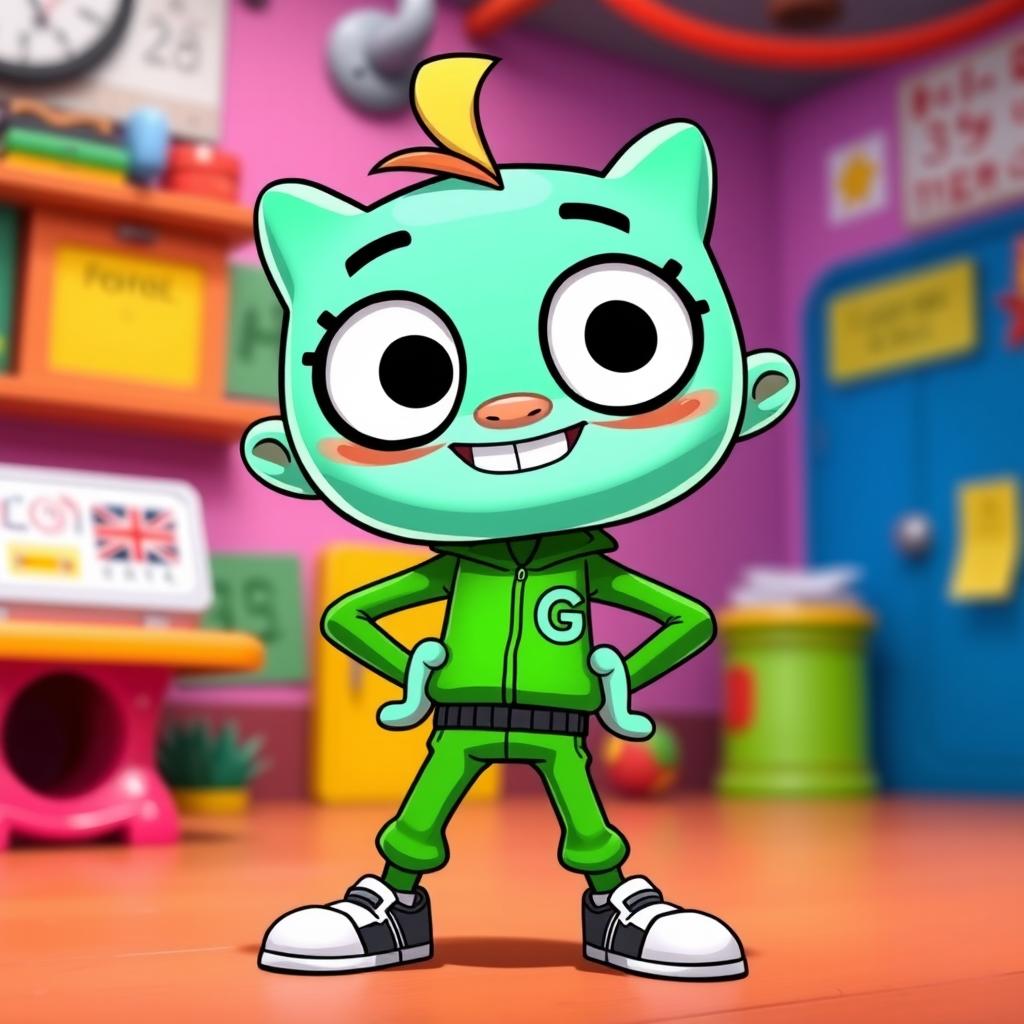 A cartoon character inspired by Gumball, donning the iconic green tracksuit from Squid Game, complete with the distinct number on the chest