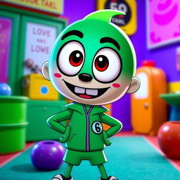 A cartoon character inspired by Gumball, donning the iconic green tracksuit from Squid Game, complete with the distinct number on the chest
