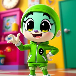 A cartoon character inspired by Gumball, donning the iconic green tracksuit from Squid Game, complete with the distinct number on the chest