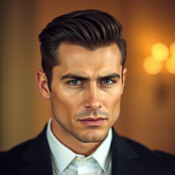 A close-up portrait of a confident man with sharp facial features and an elegant hairstyle, showcasing a strong jawline and deep-set eyes