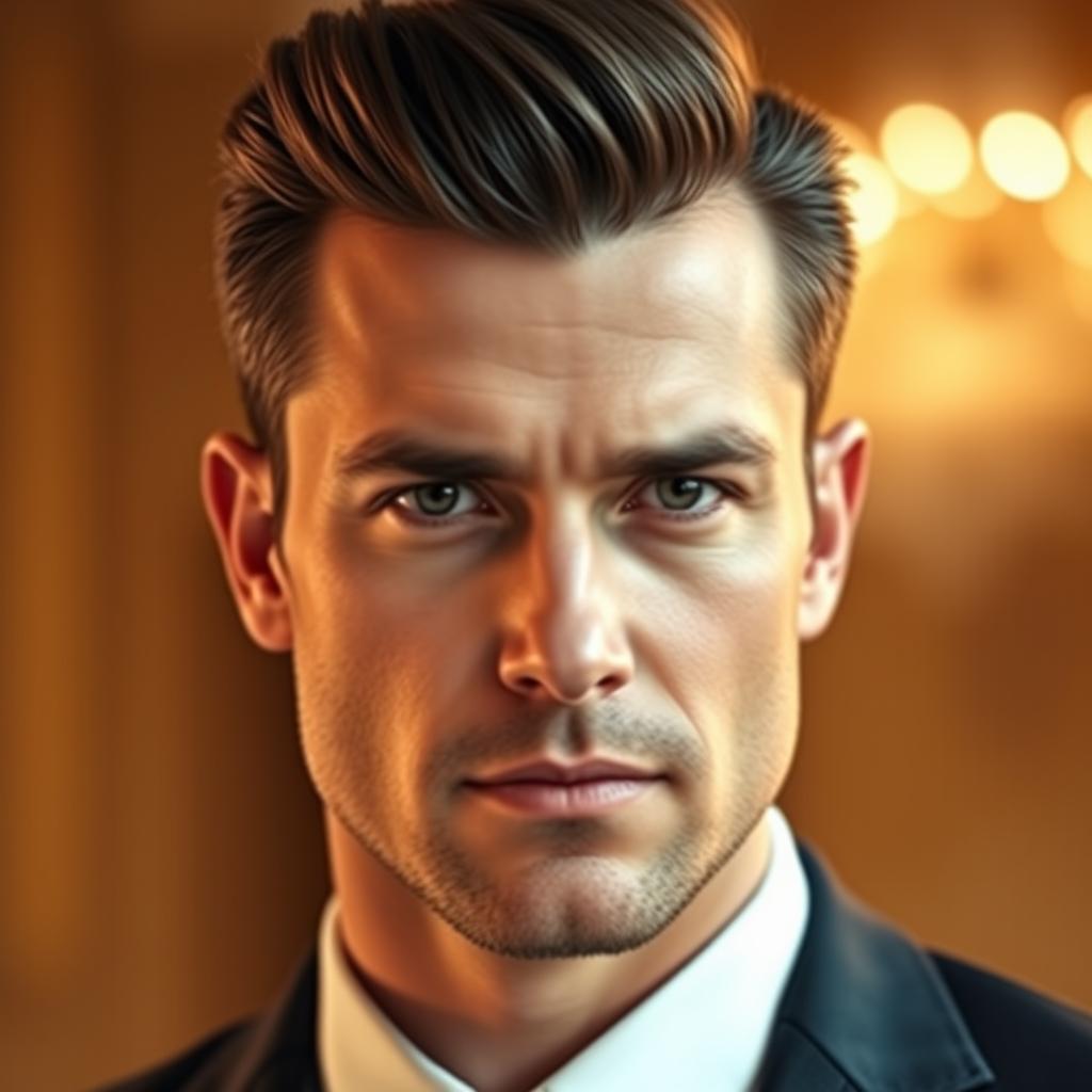 A close-up portrait of a confident man with sharp facial features and an elegant hairstyle, showcasing a strong jawline and deep-set eyes