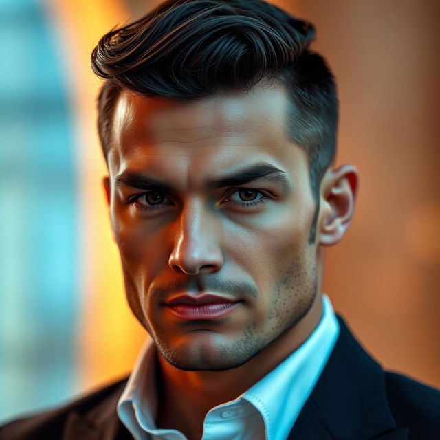 A close-up portrait of a confident man with sharp facial features and an elegant hairstyle, showcasing a strong jawline and deep-set eyes