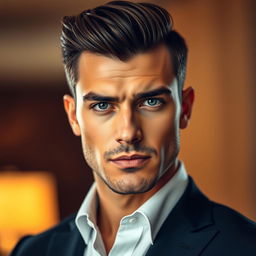 A close-up portrait of a confident man with sharp facial features and an elegant hairstyle, showcasing a strong jawline and deep-set eyes
