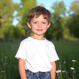 A simple boy standing in a sunny meadow, wearing a plain white t-shirt and blue jeans, with a relaxed expression