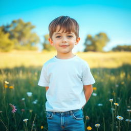 A simple boy standing in a sunny meadow, wearing a plain white t-shirt and blue jeans, with a relaxed expression