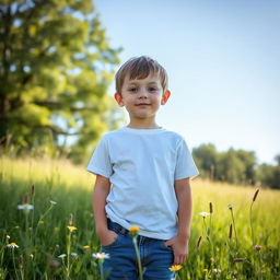 A simple boy standing in a sunny meadow, wearing a plain white t-shirt and blue jeans, with a relaxed expression