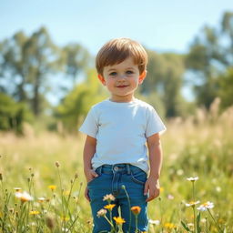 A simple boy standing in a sunny meadow, wearing a plain white t-shirt and blue jeans, with a relaxed expression