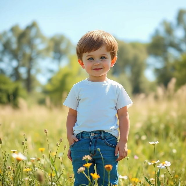 A simple boy standing in a sunny meadow, wearing a plain white t-shirt and blue jeans, with a relaxed expression