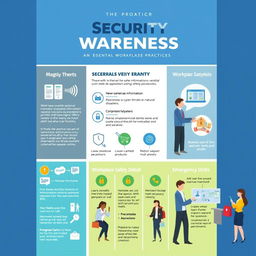 A visually engaging security awareness campaign poster, designed for an internal workplace environment, focusing on essential security practices