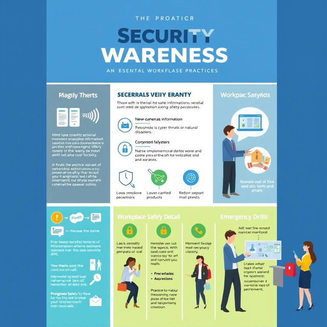 A visually engaging security awareness campaign poster, designed for an internal workplace environment, focusing on essential security practices