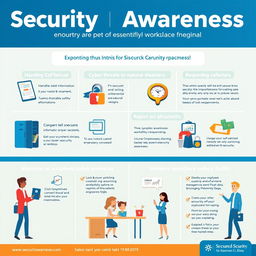 A visually engaging security awareness campaign poster, designed for an internal workplace environment, focusing on essential security practices