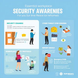 A visually engaging security awareness campaign poster, designed for an internal workplace environment, focusing on essential security practices
