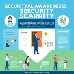 A visually engaging security awareness campaign poster, designed for an internal workplace environment, focusing on essential security practices