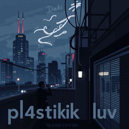 Cover art for a song titled 'pl4stik luv', featuring urban elements with a dark color palette that incorporates black and white, conveying a sense of nostalgia