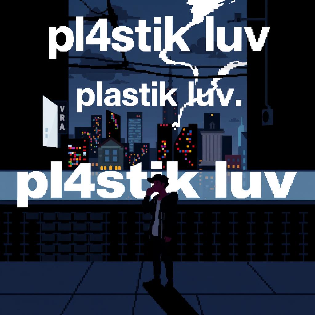Cover art for a song titled 'pl4stik luv', featuring urban elements with a dark color palette that incorporates black and white, conveying a sense of nostalgia