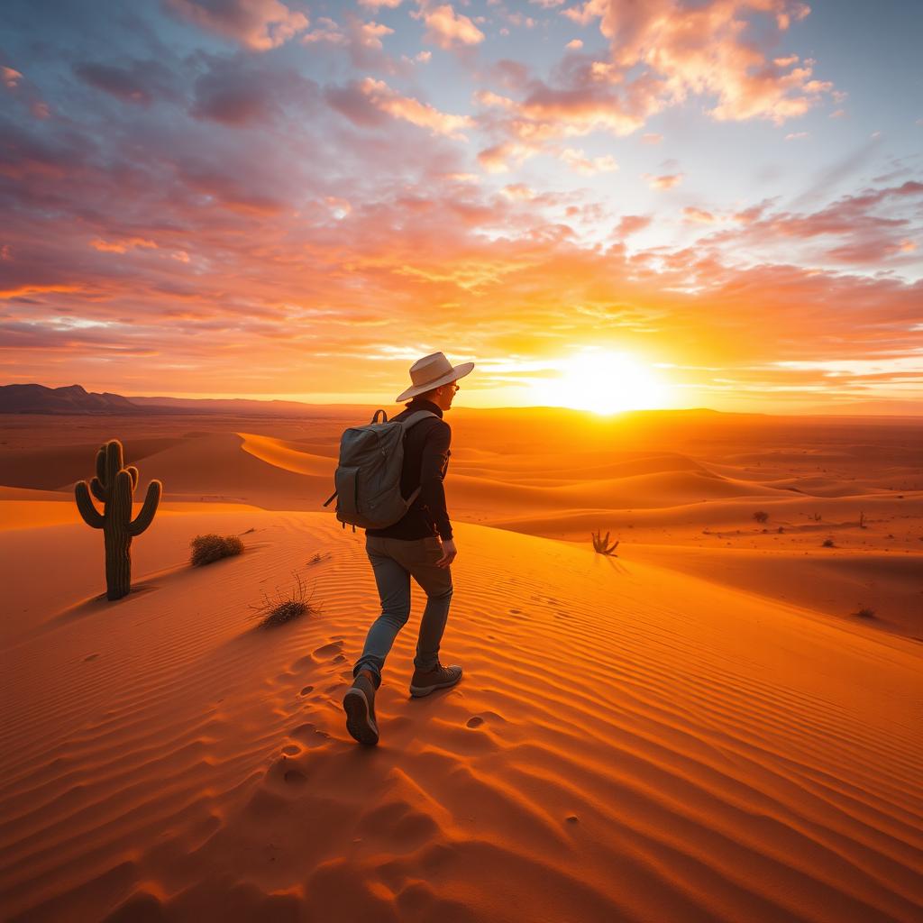 A scenic view of a hiker trekking through a vast desert landscape