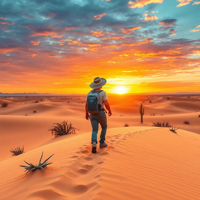 A scenic view of a hiker trekking through a vast desert landscape