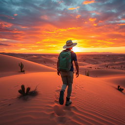 A scenic view of a hiker trekking through a vast desert landscape