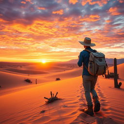 A scenic view of a hiker trekking through a vast desert landscape