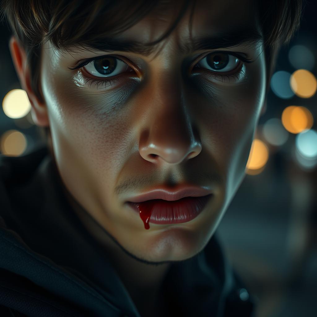 A close-up portrait of a person with a contemplative expression, showing slight blood trickling from the corner of their mouth, capturing a moment of intensity and emotional depth