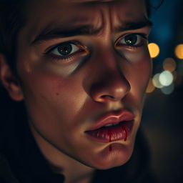 A close-up portrait of a person with a contemplative expression, showing slight blood trickling from the corner of their mouth, capturing a moment of intensity and emotional depth
