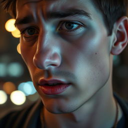 A close-up portrait of a person with a contemplative expression, showing slight blood trickling from the corner of their mouth, capturing a moment of intensity and emotional depth